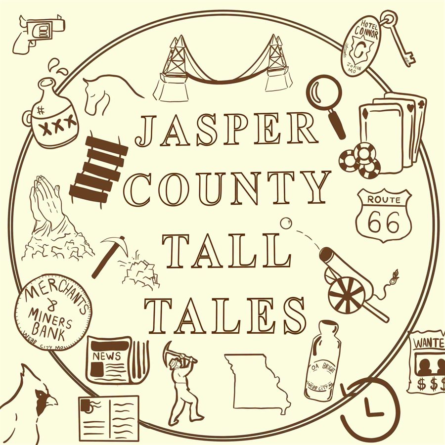 Jasper County Tall Tales emblem: hand-drawn Route 66 sign, Joplin's Connor Hotel key, a miner with a pickaxe, the Missouri outline, and other local history icons